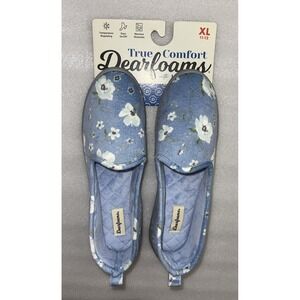 Dearfoams True Comfort Memory Foam Slippers Easy On Blue Floral Woman's XL 11-12